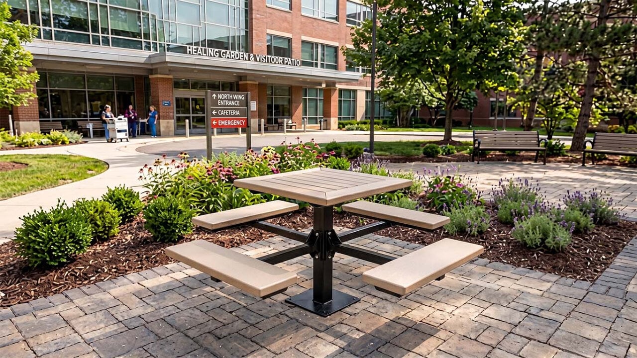 Pedestal picnic table with four attached benches in a landscaped hospital healing garden and visitor patio.